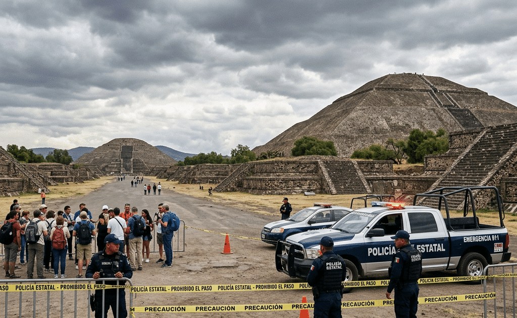 Police officers blocking access to Teotihuacan pyramids with yellow caution tape and police vehicles