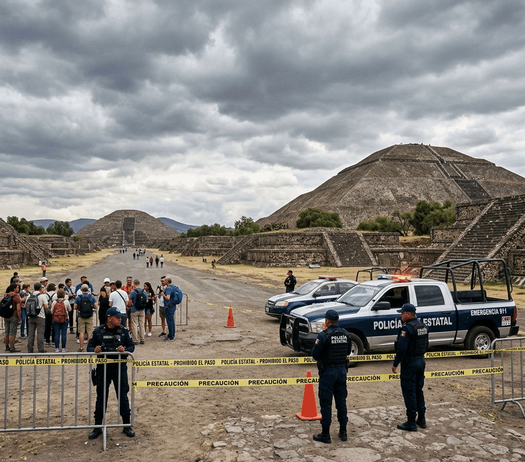 Police officers blocking access to Teotihuacan pyramids with yellow caution tape and police vehicles