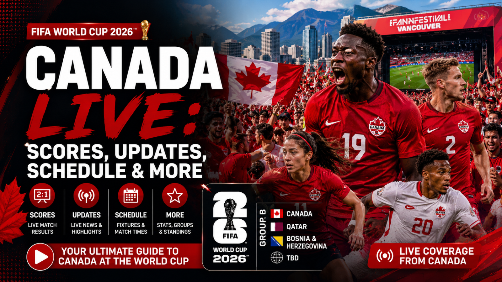 FIFA World Cup 2026 Canada live coverage hub featuring scores, updates, schedules, standings and match information for Canadian fans.