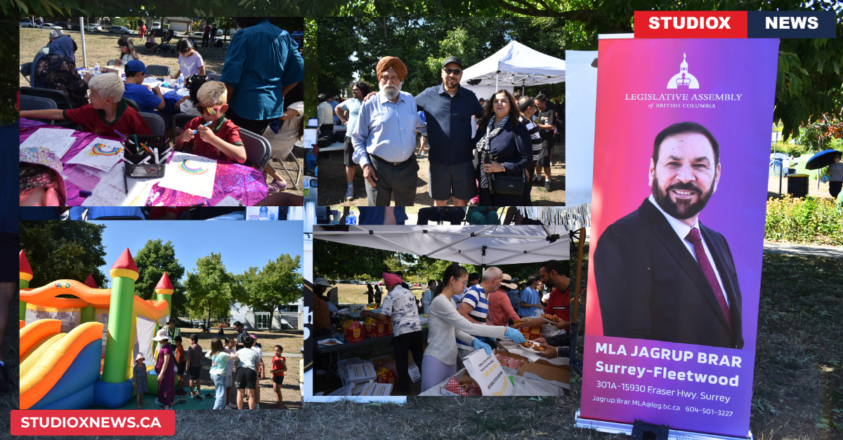 Jagrup Brar summer picnic at Francis Park, Surrey, with community members and dignitaries gathered outdoors.