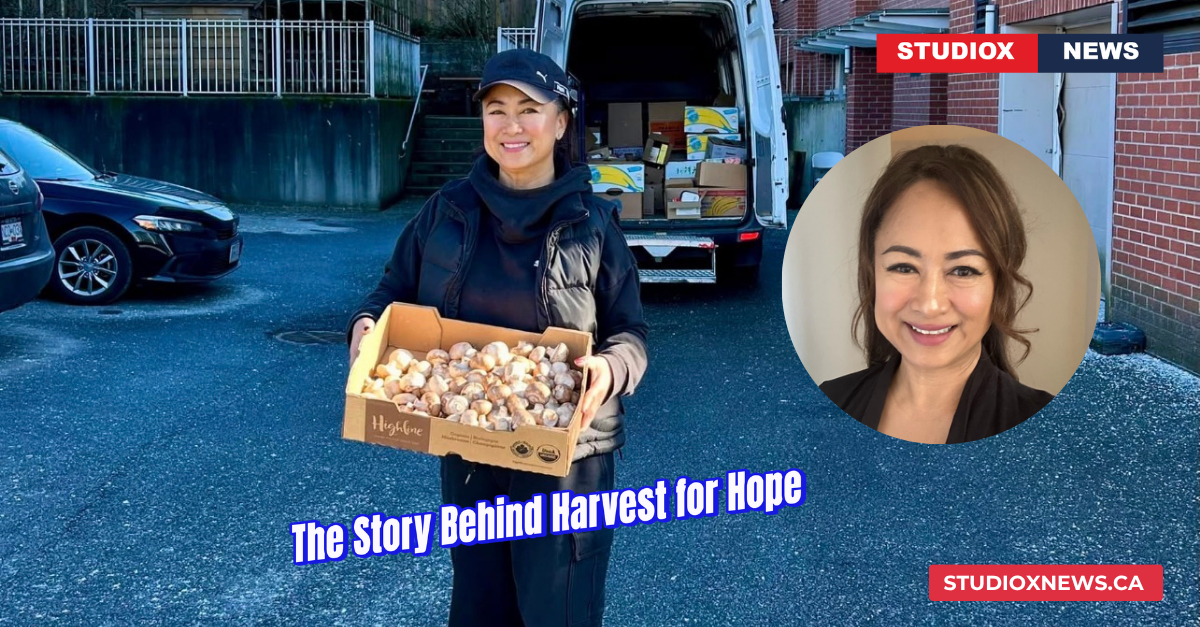 Noemi Victorino holding a box of rescued produce beside a delivery van at Harvest for Hope in Surrey, BC