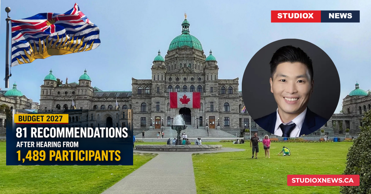 British Columbia Legislature building with BC flag and text overlay “Budget 2027 – 81 Recommendations after hearing from 1,489 participants” and portrait of committee chair Paul Choi