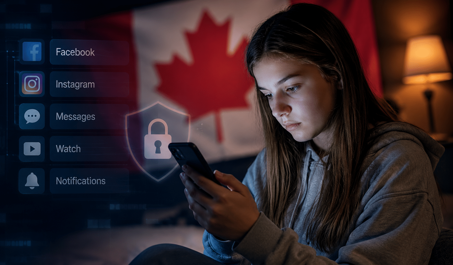 Teenager using a smartphone with social media and online safety icons against a Canadian flag background