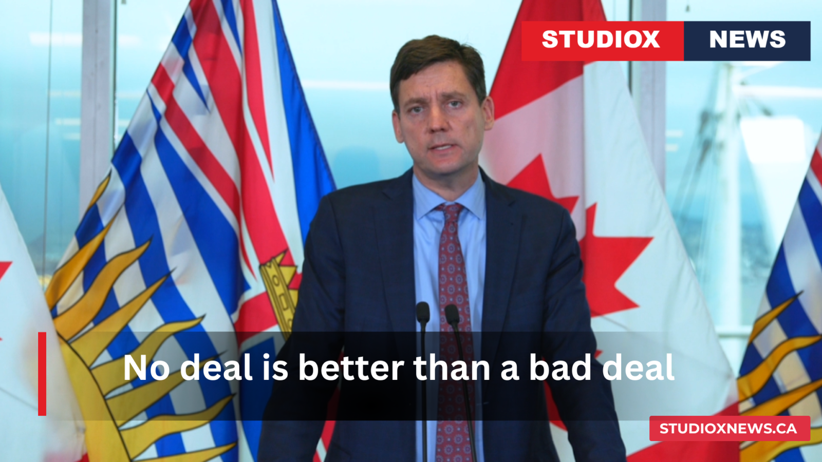 BC Premier David Eby speaks at a press conference in Vancouver on August 22, 2026, addressing the collapse of Canada-U.S. trade talks and new 50% tariffs.