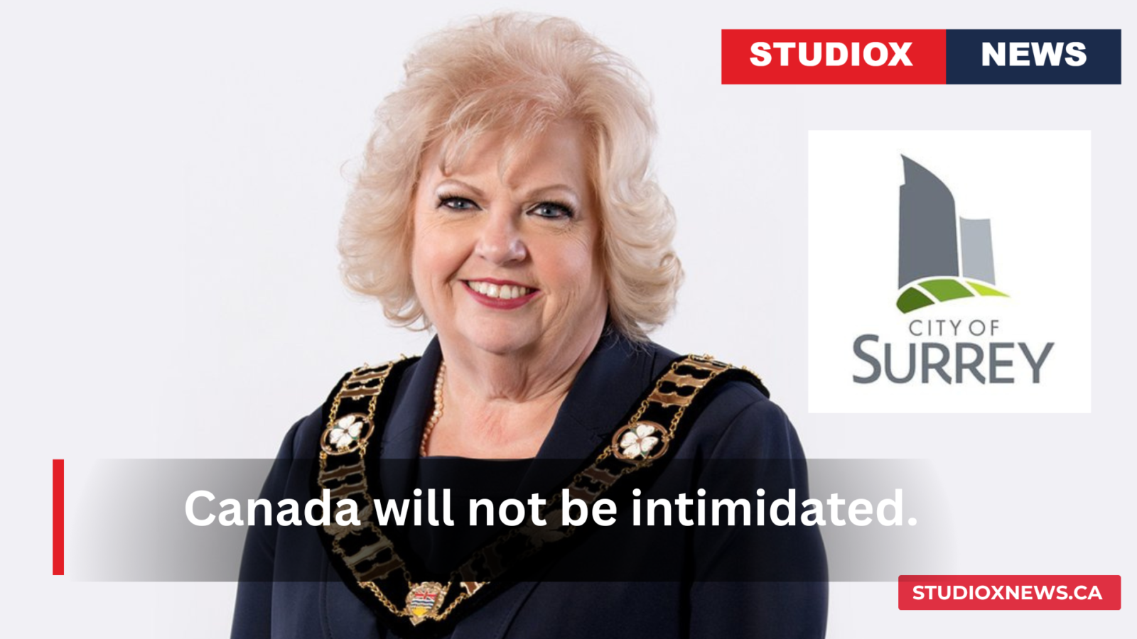 Surrey Mayor Brenda Locke in formal attire with City of Surrey logo, statement on Canada-U.S. tariffs, August 22, 2026