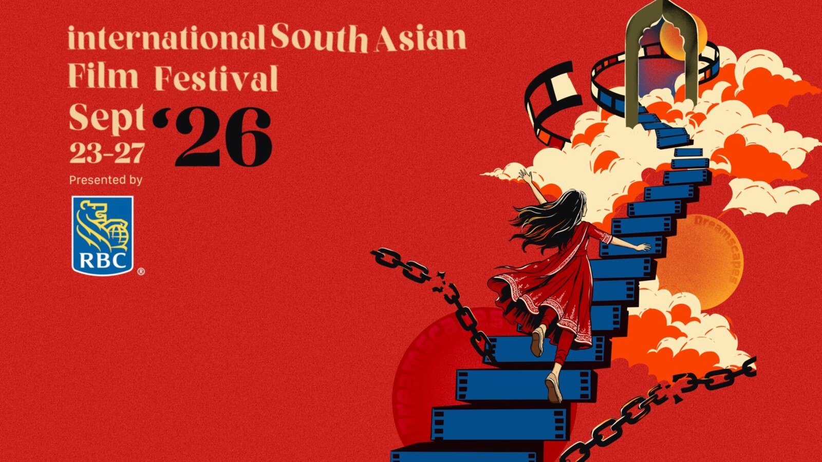 iSAFF 2026 International South Asian Film Festival poster for Surrey, September 23–27, 2026