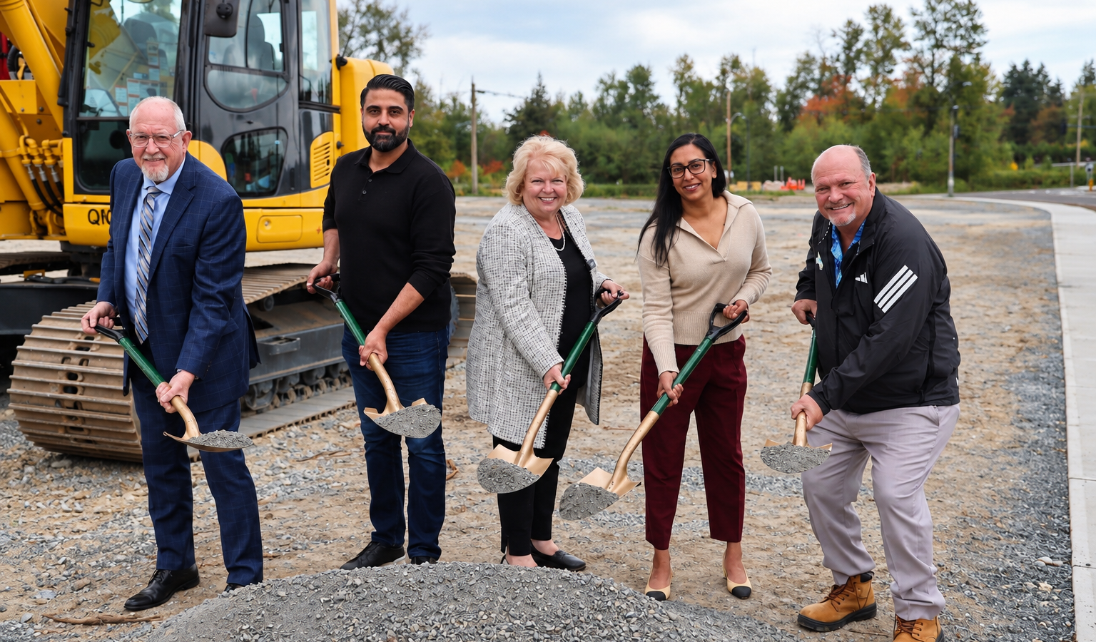 Groundbreaking ceremony for the new Newton Community Centre in Surrey with officials holding shovels beside construction equipment