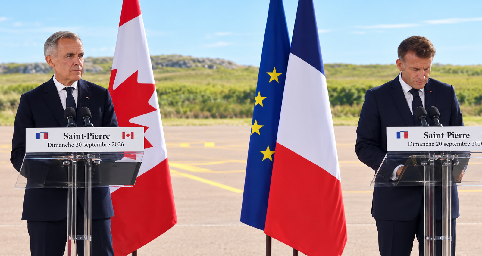 Prime Minister Mark Carney and French President Emmanuel Macron speak at podiums in Saint-Pierre and Miquelon on September 20, 2026, with Canadian, European Union and French flags behind them.