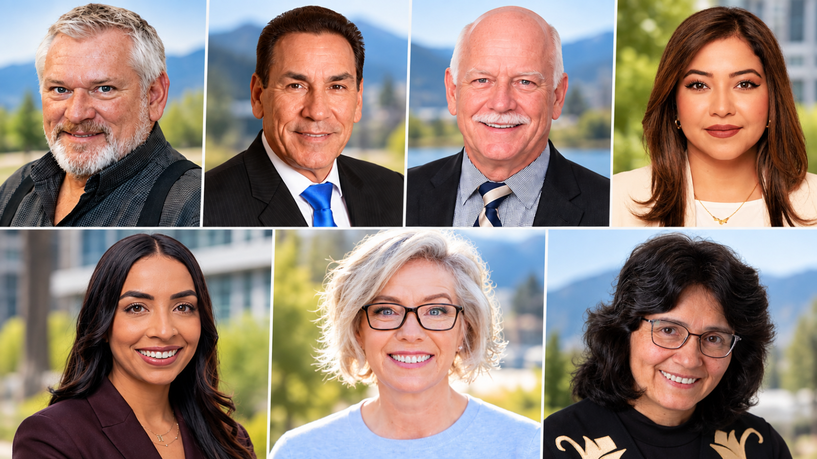Collage of seven British Columbia political figures featured in a news report, arranged in a clean editorial portrait grid.
