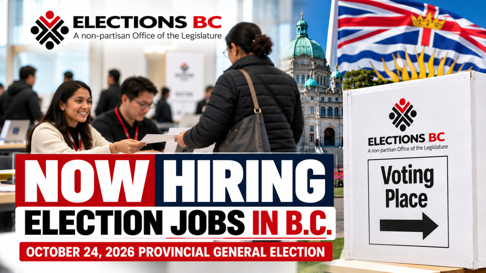 Elections BC hiring election officials and office staff for the October 24, 2026 provincial election