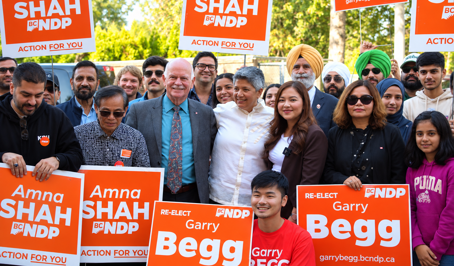 Garry Begg and Amna Shah with supporters at BC NDP campaign office opening in Surrey