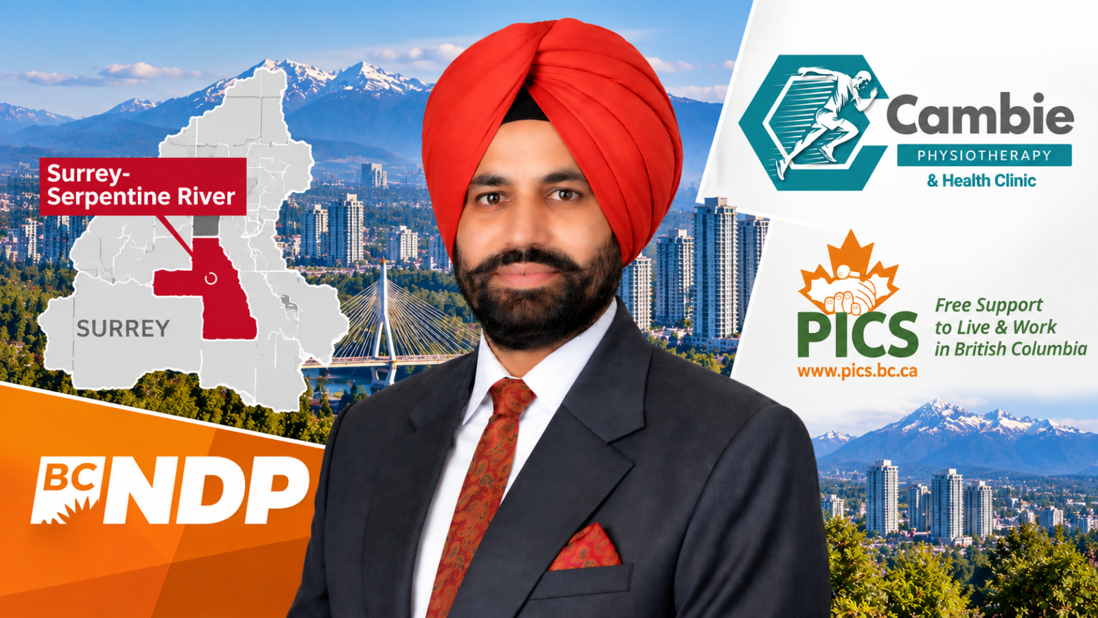 Sikander Kang BC NDP candidate for Surrey-Serpentine River with Surrey map Cambie Physiotherapy and PICS logos