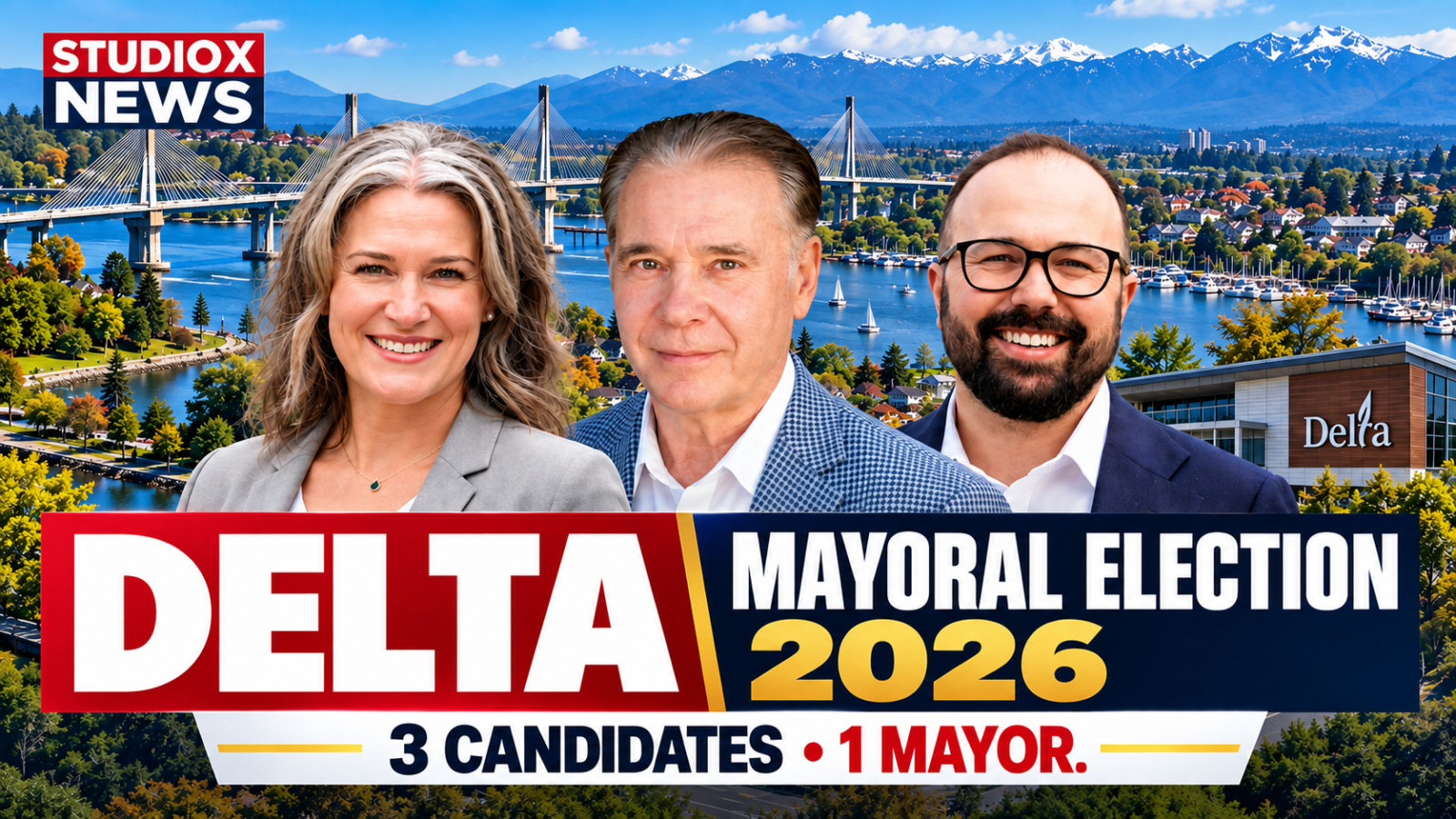 Melissa Granum, George V. Harvie and Dylan Kruger, candidates in the 2026 Delta mayoral election