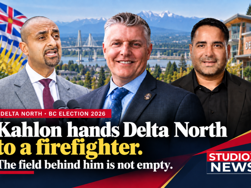Kahlon hands Delta North to a firefighter. The field behind him is not empty.