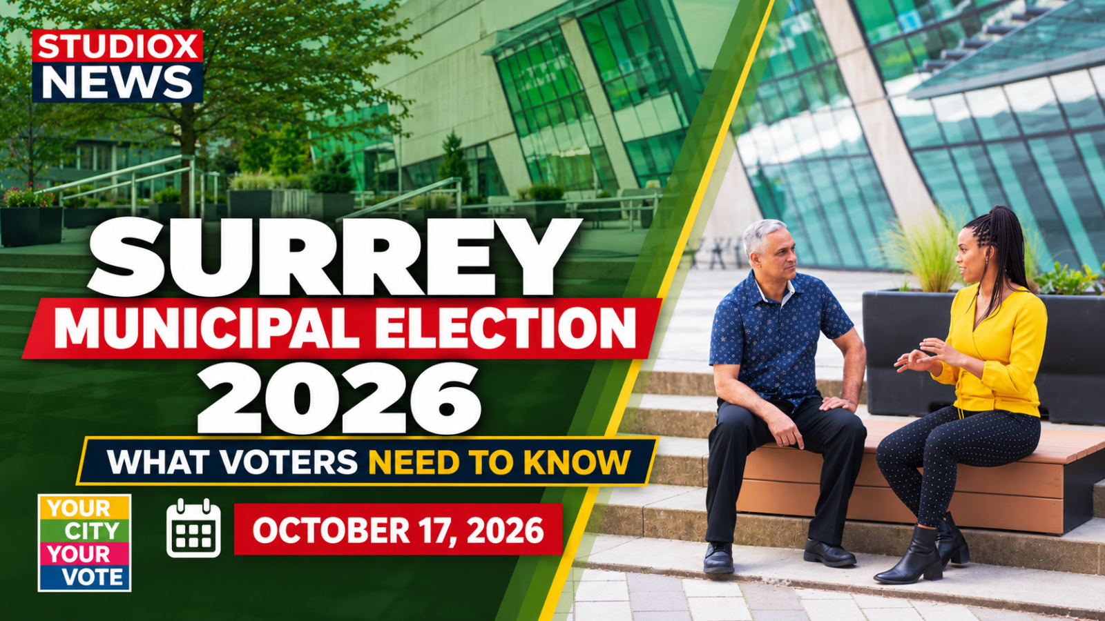 Surrey municipal election 2026 voter information guide featuring Surrey civic buildings and community members