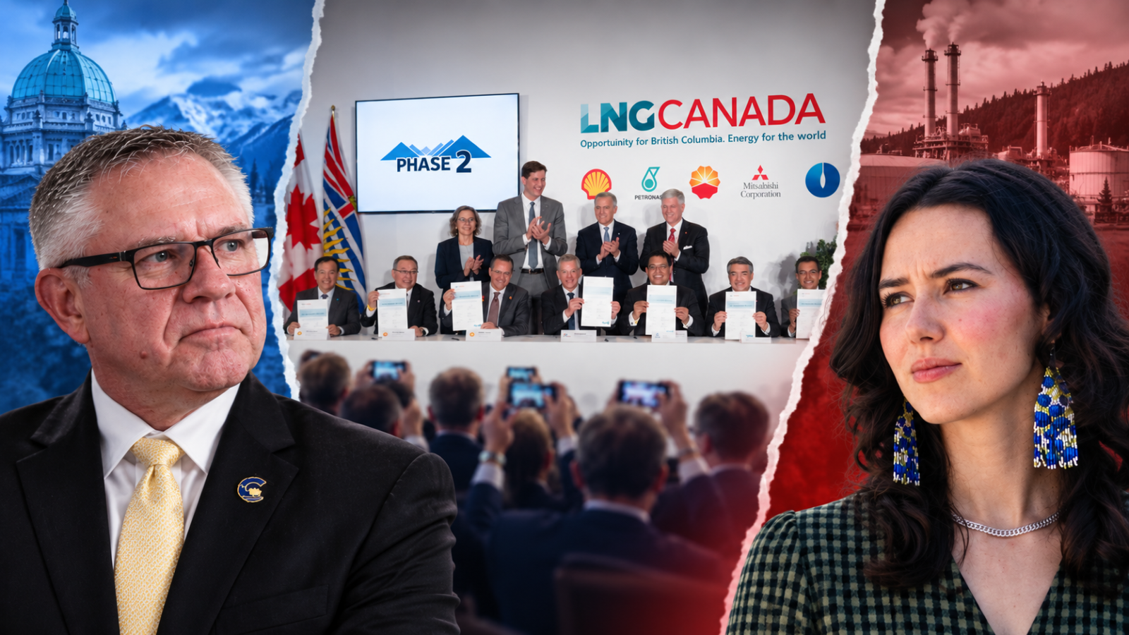 LNG Canada Phase 2 announcement shown between Conservative and Green responses to B.C. LNG expansion