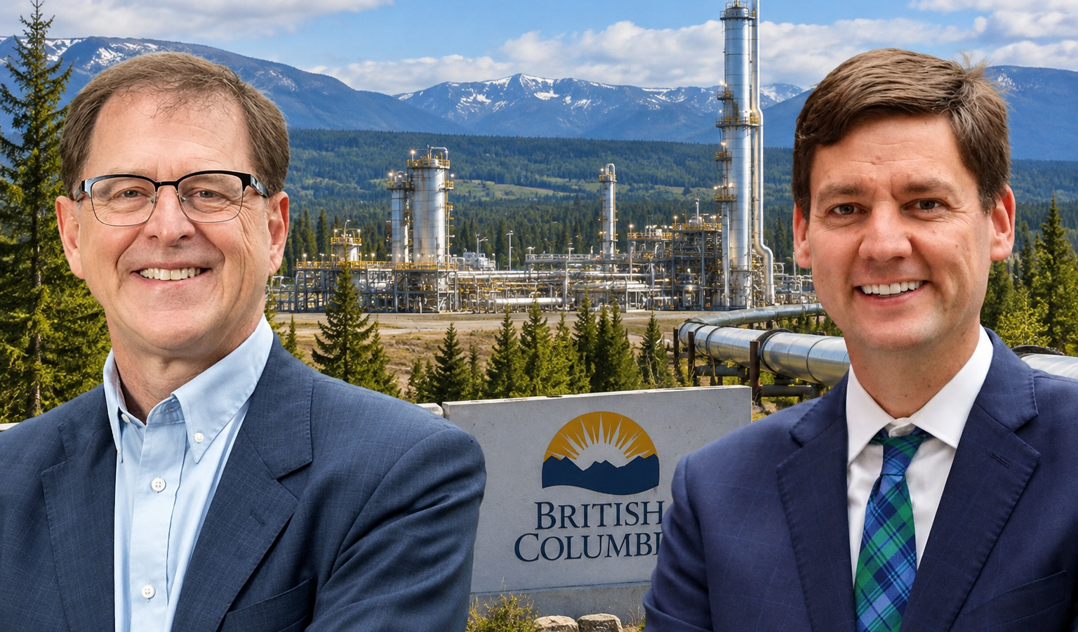 Adrian Dix and David Eby beside natural gas infrastructure as B.C. faces a $1.5B Budget 2026 royalty forecast error