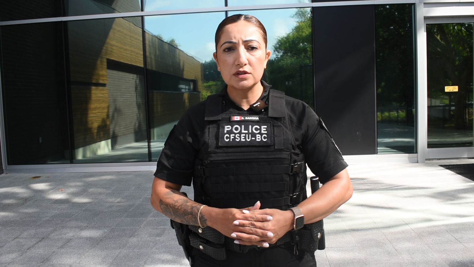 CFSEU-BC police spokesperson speaking during a StudioX News interview in British Columbia