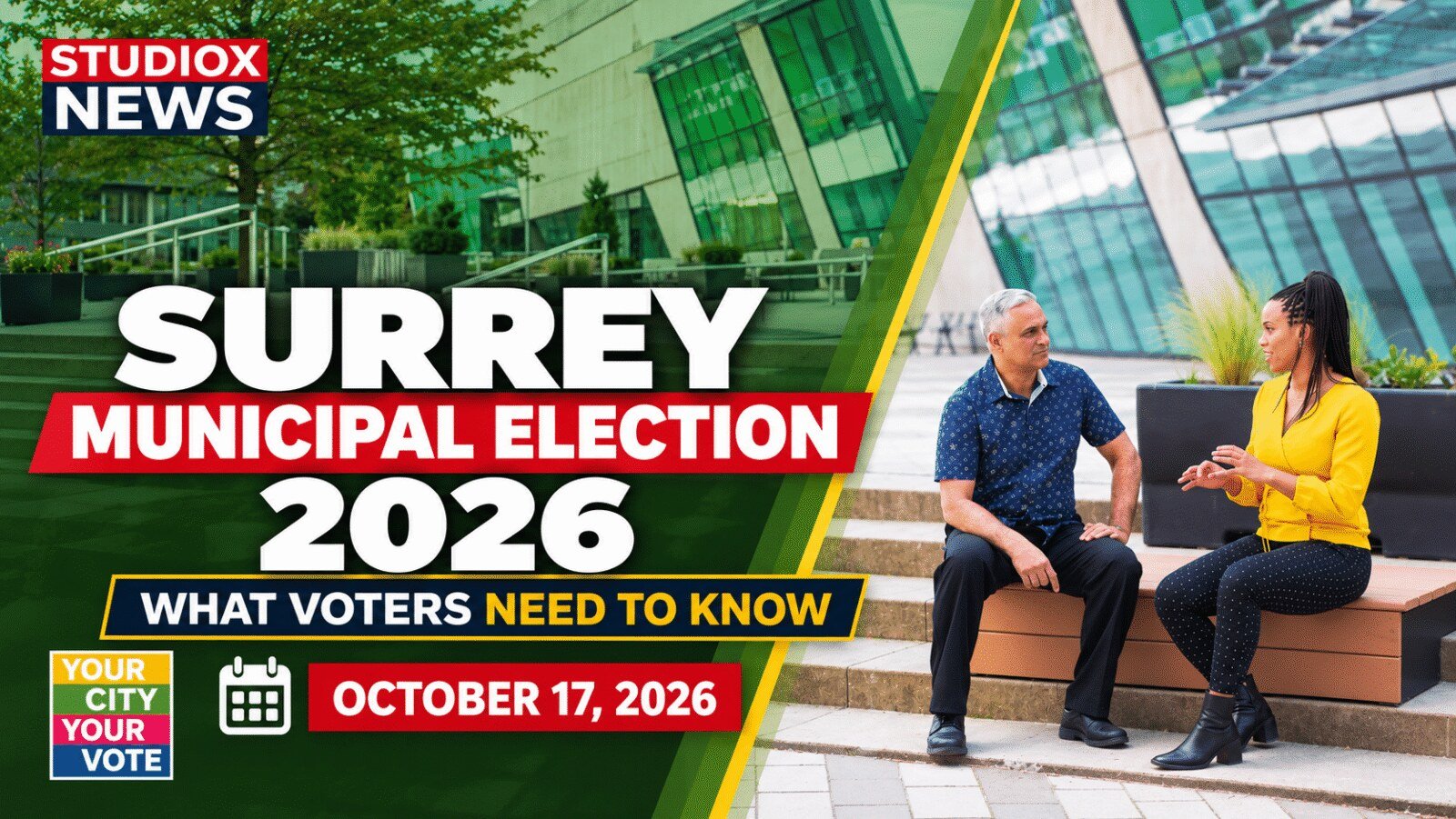 Surrey municipal election 2026 voter information guide featuring Surrey civic buildings and community members