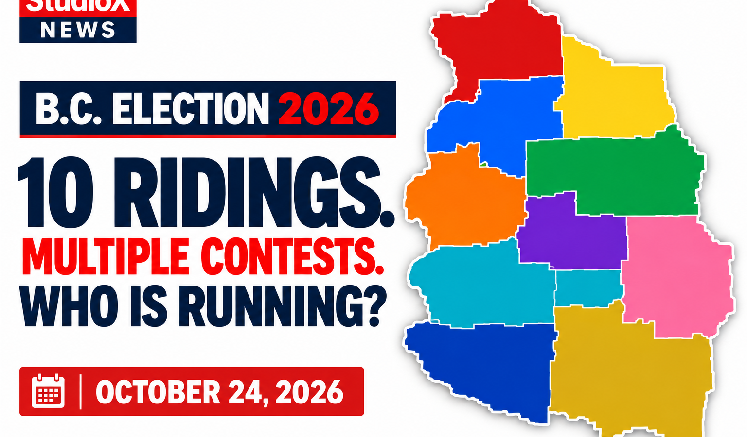 Map showing Surrey’s 10 provincial electoral ridings for the 2026 B.C. election, with StudioX News branding and October 24, 2026 election date.