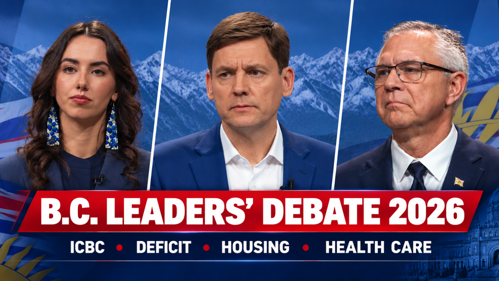 B.C. leaders David Eby, Emily Lowan and Lorne Doerkson during the 2026 provincial election leaders’ debate.
