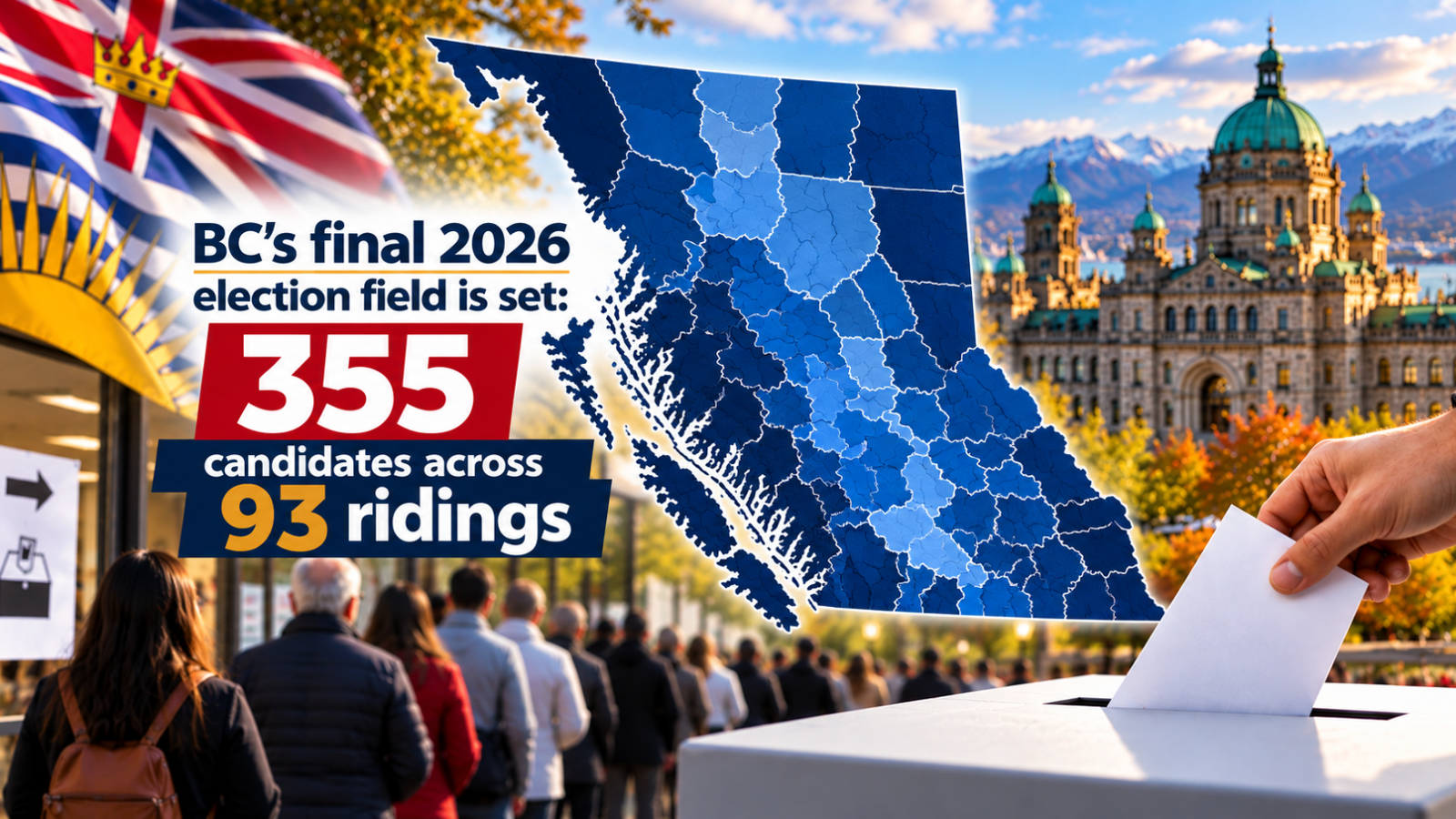 British Columbia 2026 election map showing 355 candidates across 93 ridings, with voters lining up at a polling station and the B.C. Parliament Buildings in Victoria.