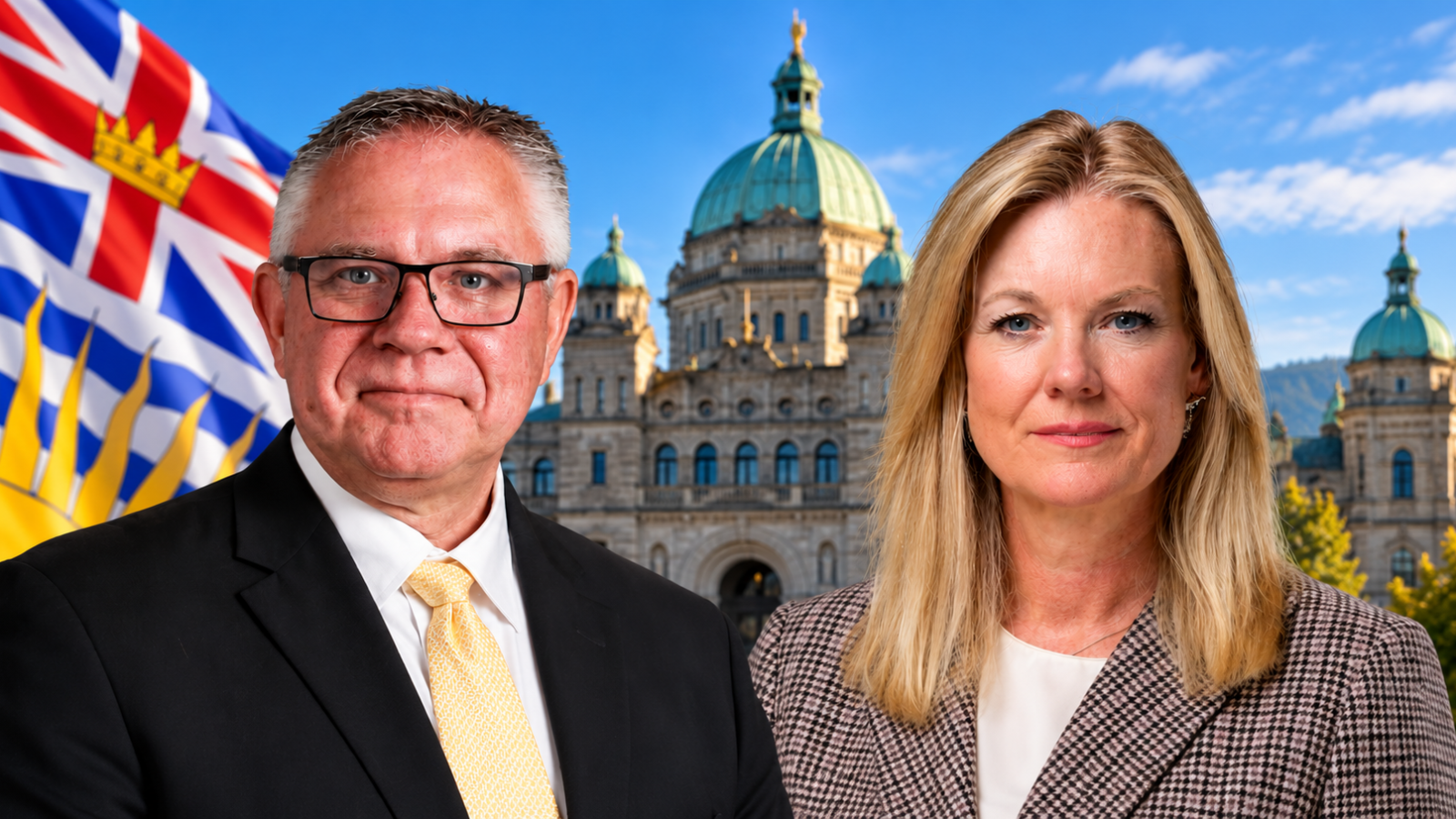 Lorne Doerkson and Kim Henderson pictured with the British Columbia Legislature in the background.