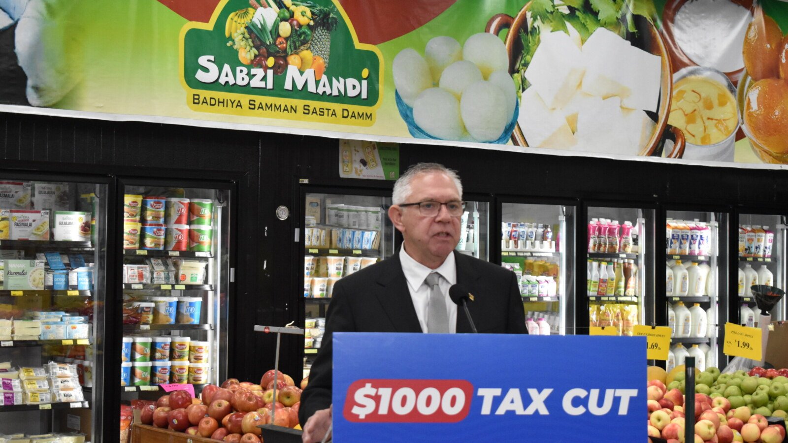 B.C. Conservative leader speaking at a $1,000 tax cut announcement inside a Surrey grocery store