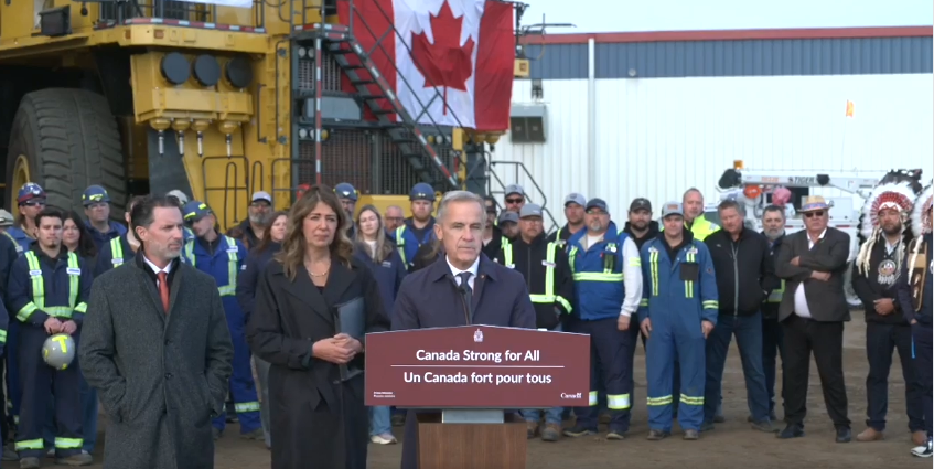 Prime Minister Mark Carney announces the Pacific Link pipeline project at an industrial site in Fort McMurray, Alberta