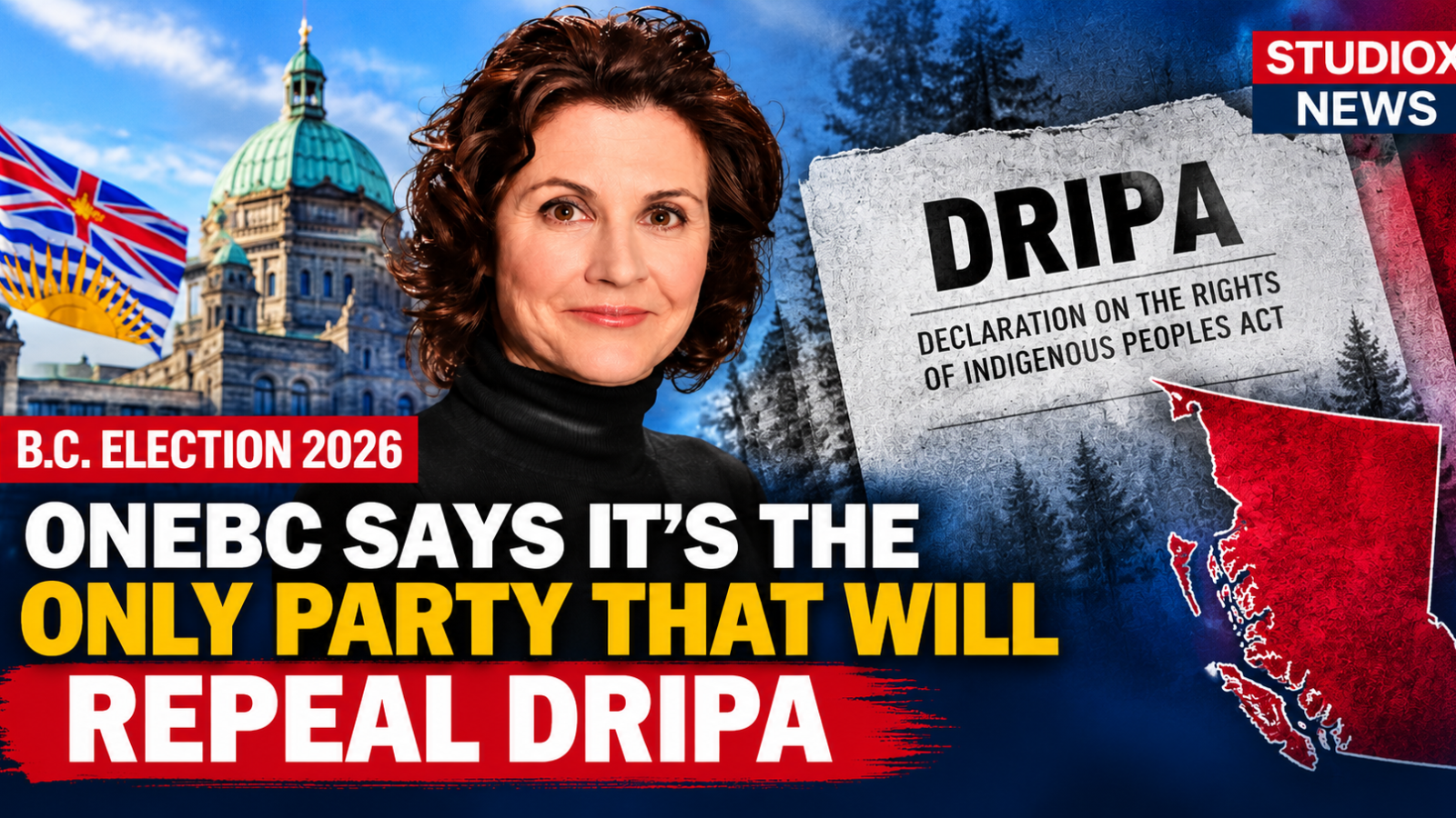OneBC leader Dallas Brodie and BC Conservatives DRIPA repeal debate during the 2026 BC election