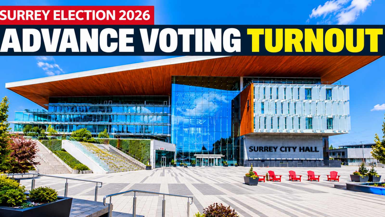 Surrey City Hall featured in a StudioX News graphic about advance-voting turnout for the 2026 municipal election.