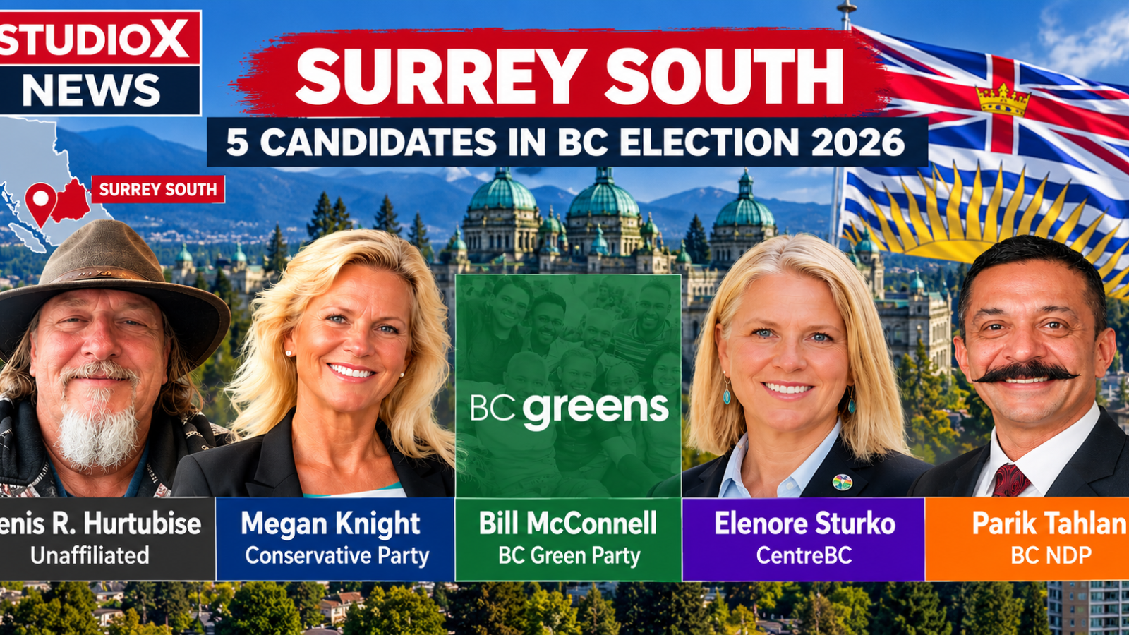 Five candidates running in Surrey South in the 2026 B.C. provincial election: Denis R Hurtubise, Megan Knight, Bill McConnell, Elenore Sturko and Parik Tahlan.